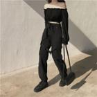 Off-shoulder Cropped Blouse / Buckled Cargo Pants