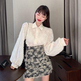 Fleece Chiffon Blouse / Hairy Mini-dress