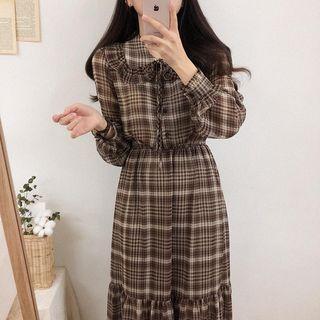 Peter Pan Collar Plaid Long-sleeve A-line Midi Dress