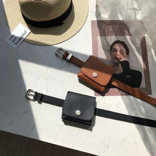 Faux Leather Slim Belt With Pouch