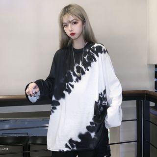 Tie-dyed Long-sleeve Round Neck T-shirt Black & White - One Size