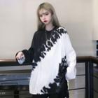 Tie-dyed Long-sleeve Round Neck T-shirt Black & White - One Size