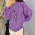 Long-sleeve Plain Cable Knit Sweater Purple - One Size