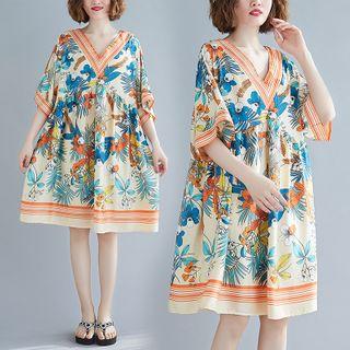 Print V-neck Short-sleeve Chiffon Dress Color - F