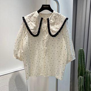 Elbow-sleeve Dotted Blouse Beige - One Size