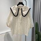 Elbow-sleeve Dotted Blouse Beige - One Size