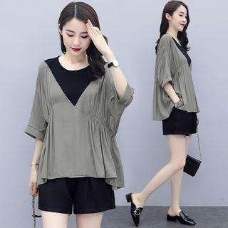 Set: Two-tone Panel Elbow-sleeve Blouse + Plain Shorts