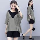 Set: Two-tone Panel Elbow-sleeve Blouse + Plain Shorts