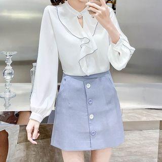 Ruffle Contrast Stitching Blouse