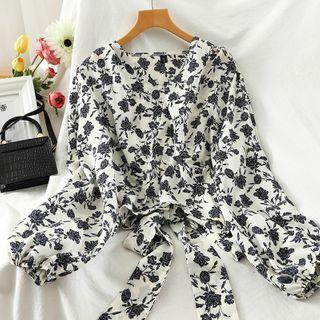 Floral Tie-hem Cropped Blouse