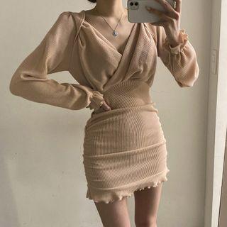 Plain V Neck Ruched Long Sleeve Mini Dress