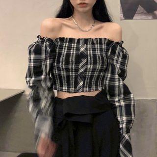 Long-sleeve Plaid Cropped Blouse Plaid - Black & White - One Size