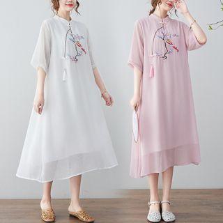 Elbow-sleeve Embroidered Frog Button Midi Oversized Dress