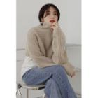 High-neck Wool Blend Cropped Sweater Beige - One Size