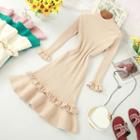 Ruffle Hem Long-sleeve Midi Knit A-line Dress