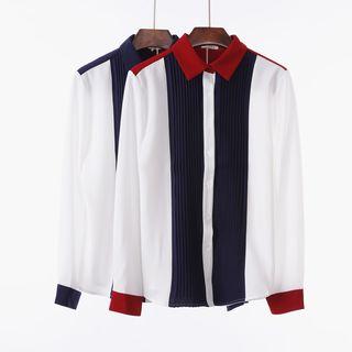 Long-sleeve Contrast-color Pleated Blouse