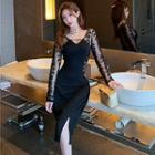 Long-sleeve Lace Panel Slit Midi Bodycon Dress