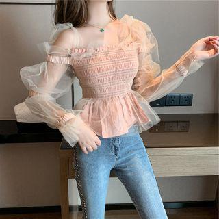 Long-sleeve Smocked Mesh Top Pink - One Size