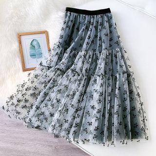 Floral Print Midi A-line Skirt Black & White - One Size