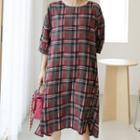 Elbow-sleeve Ruffle-hem Plaid Dress With Sash