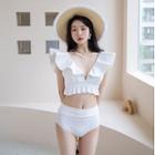 Set: Frill Trim Tie-back Tankini Top + Bottom