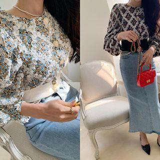 Collarless Lace-trim Floral Jacket