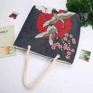 Crane Embroidered Tote Bag Black & Red - L