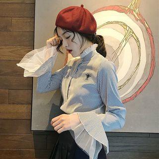 Frilled Neck Striped Bell-sleeve Shirt