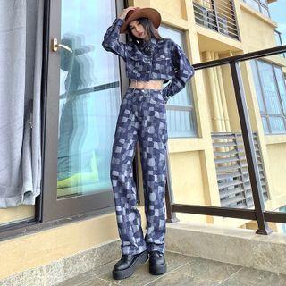 Paneled Crop Denim Jacket / Wide Leg Jeans