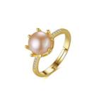 925 Sterling Silver Plated Gold Simple Fashion Geometric Round Pink Freshwater Pearl Adjustable Open Ring With Cubic Zirconia Golden - One Size