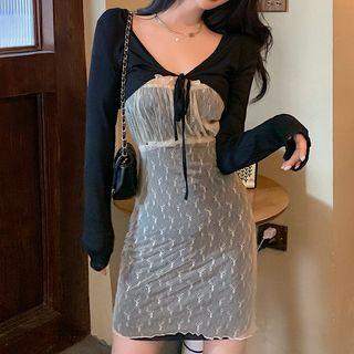 Tied Shrug / Spaghetti Strap Mesh Mini Dress
