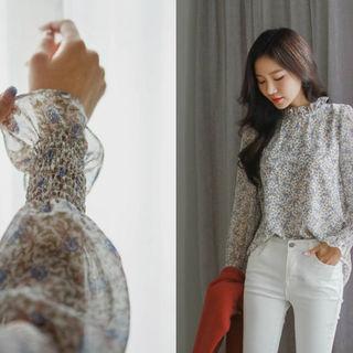 Frill-neck Ruffle-cuff Floral Blouse