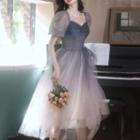 Puff-sleeve Gradient Mesh Midi A-line Evening Gown