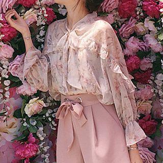 Set: Printed Chiffon Blouse + Wide Leg Shorts