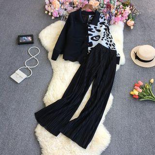 Set: Print Shirt + Wide Leg Pants Set Of 2 - Shirt & Wide Leg Pants - Black & White - One Size