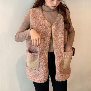 Plain Mock-neck Long-sleeve Slim-fit Top / Fleece Vest