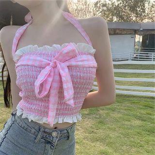 Halter-neck Gingham Smocked Top