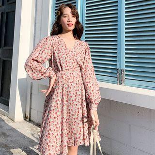 Long-sleeve Floral A-line Dress Red - One Size