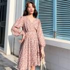 Long-sleeve Floral A-line Dress Red - One Size