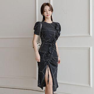Short-sleeve Dotted Ruffled Sheath Dress