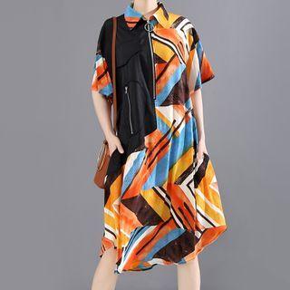 Short-sleeve Printed Paneled Zip A-line Polo Dress As Shown In Figure - One Size
