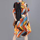 Short-sleeve Printed Paneled Zip A-line Polo Dress As Shown In Figure - One Size