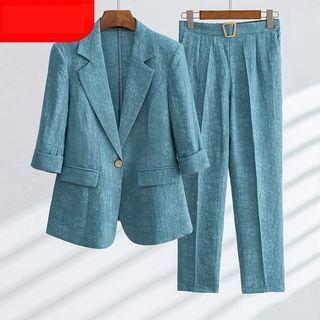 Elbow-sleeve Blazer / Buckled Straight Leg Pants / Set