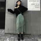 Set: Long-sleeve T-shirt + Glitter Stripe Midi A-line Skirt