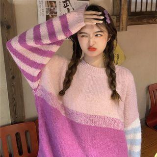 Striped Color Block Sweater Pink - One Size