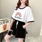 Set: Rainbow Print Short-sleeve Ringer T-shirt + Wide-leg Shorts