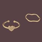 Set: Heart Alloy Open Ring + Wavy Alloy Ring Set Of 2 - Gold - One Size