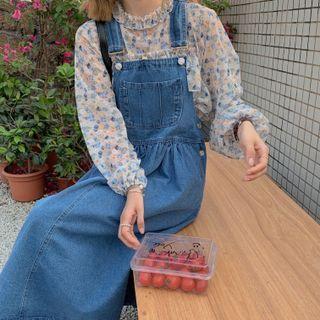 Long-sleeve Floral Print Blouse / Midi A-line Denim Overall Dress