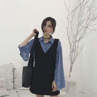 Plain Long-sleeve Shirt / V-neck Pinafore Dress