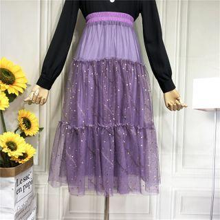 High-waist Star-accent Mesh Layered Midi Dress